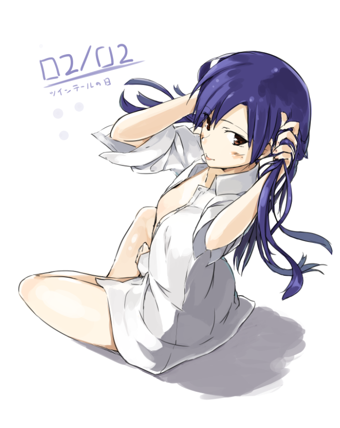 1girl, :p, barefoot, blue_hair, blush, breasts, brown_eyes, cleavage