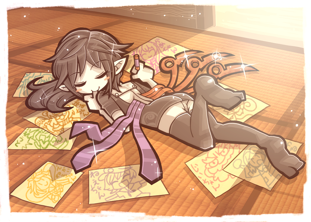 1girl, ass, asymmetrical_wings, black_hair, black_legwear, blush_stickers, closed_eyes, crayon