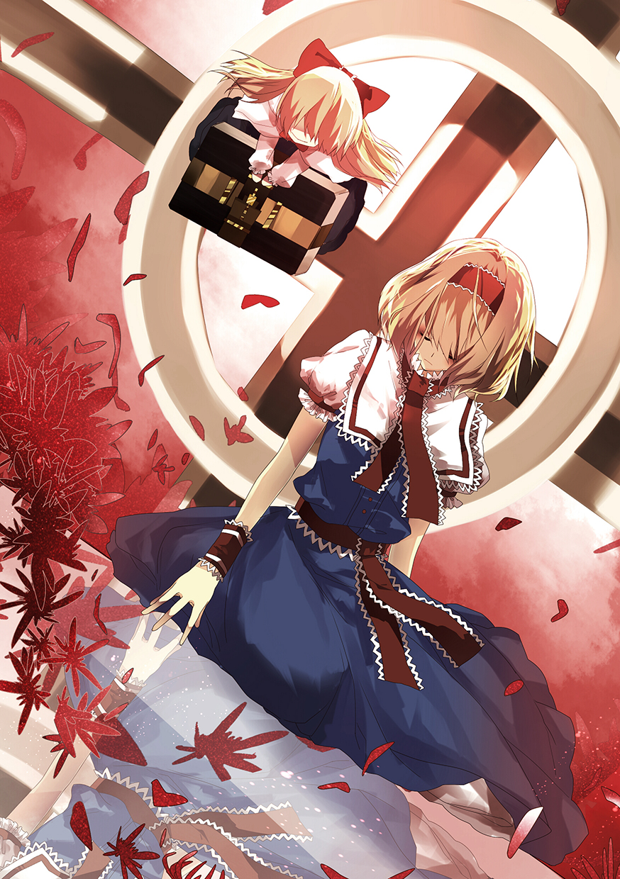 1girl, alice_margatroid, blonde_hair, book, capelet, cross, doll, dress