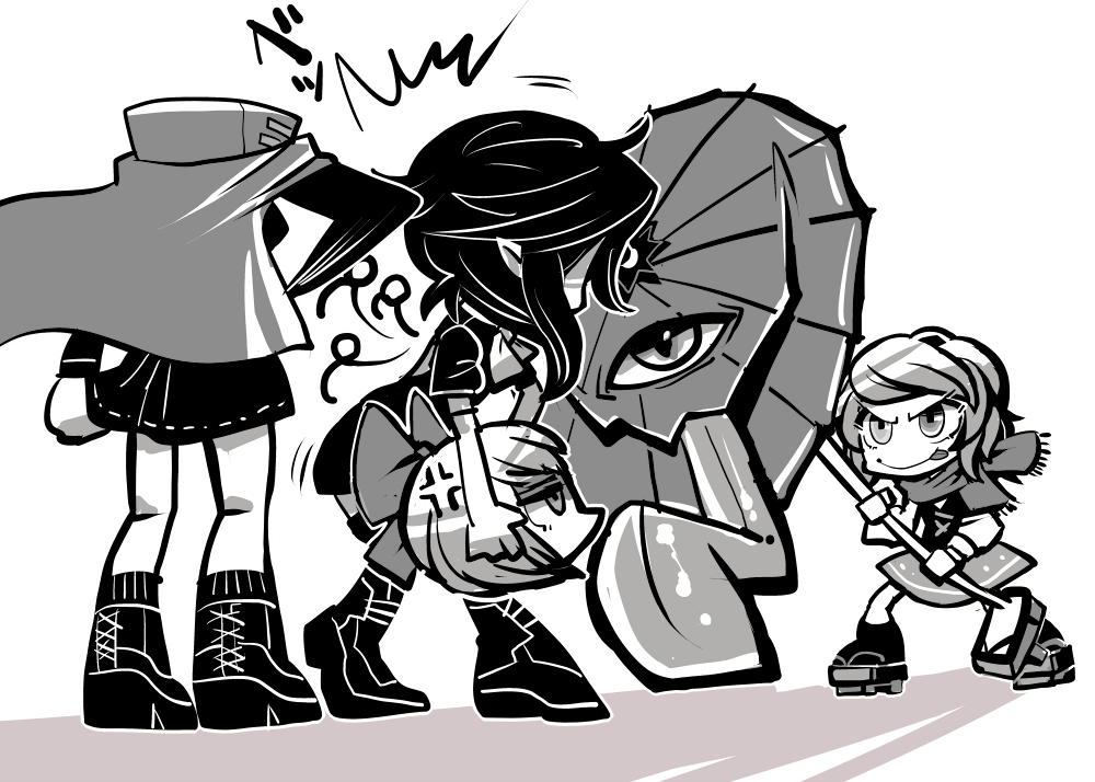 3girls, cape, houjuu_nue, karakasa_obake, monochrome, multiple_girls, open_mouth, sekibanki