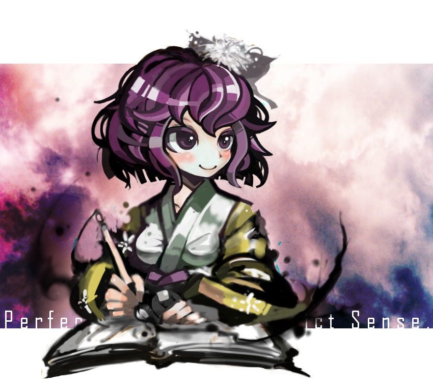 1girl, brush, flower, hair_flower, hair_ornament, hieda_no_akyuu, japanese_clothes, purple_hair, short_hair, smile, solo, touhou, wait_(t-h-yt)