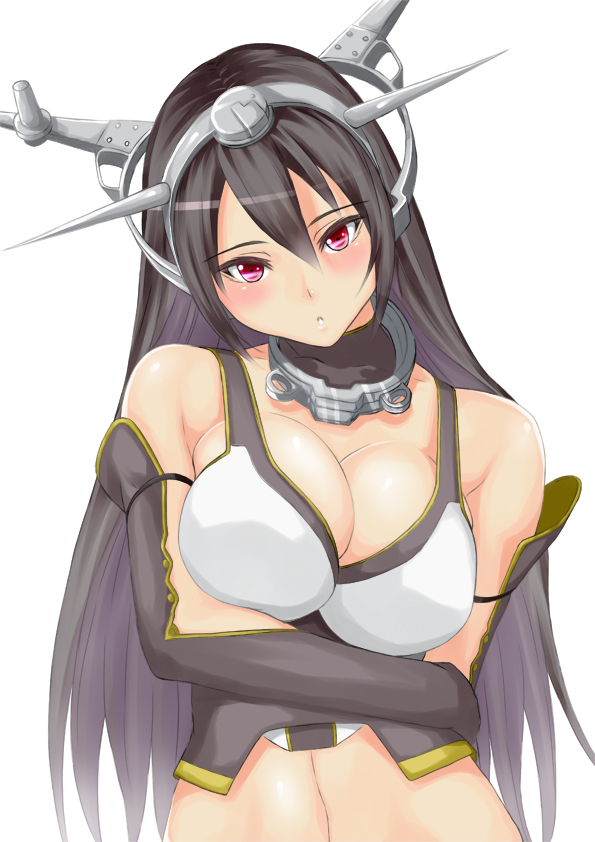 1girl, barefoot, black_hair, breasts, cleavage, elbow_gloves, gloves, kantai_collection