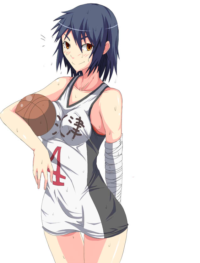 1girl, 2-kai_no_rinjin, bandages, basketball, basketball_uniform, black_hair, breast_press, brown_eyes