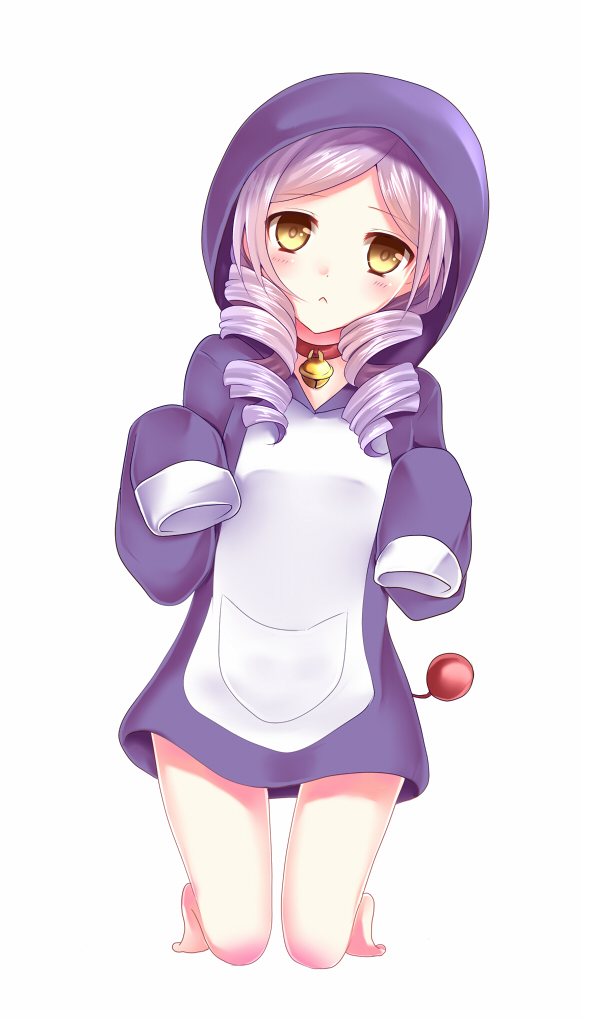 1girl, :<, aka_usagi, bell, bell_collar, collar, dlanor_a_knox, doraemon, doraemon_(character), doraemon_(cosplay), drill_hair, hands_in_sleeves, hoodie, kneeling, purple_hair, umineko_no_naku_koro_ni, yellow_eyes