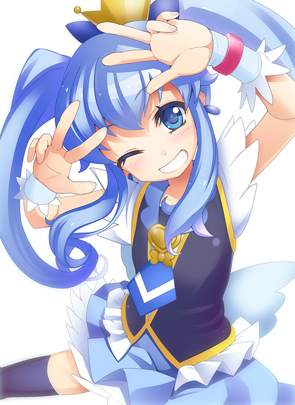 1girl, blue_eyes, blue_hair, blue_legwear, blue_skirt, blush, crown, cure_princess