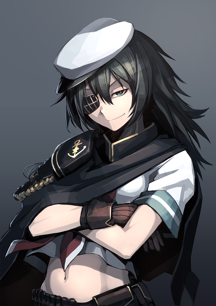 1girl, cape, crossed_arms, eyepatch, gloves, green_eyes, green_hair, hat