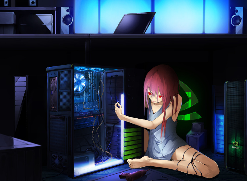 1girl, barefoot, highres, long_hair, nvidia, original, red_eyes, redhead, solo, tyappygain