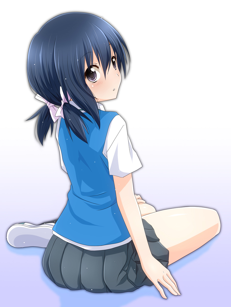 1girl, black_eyes, blue_hair, blush, d-frag!, funabori, highres, looking_back