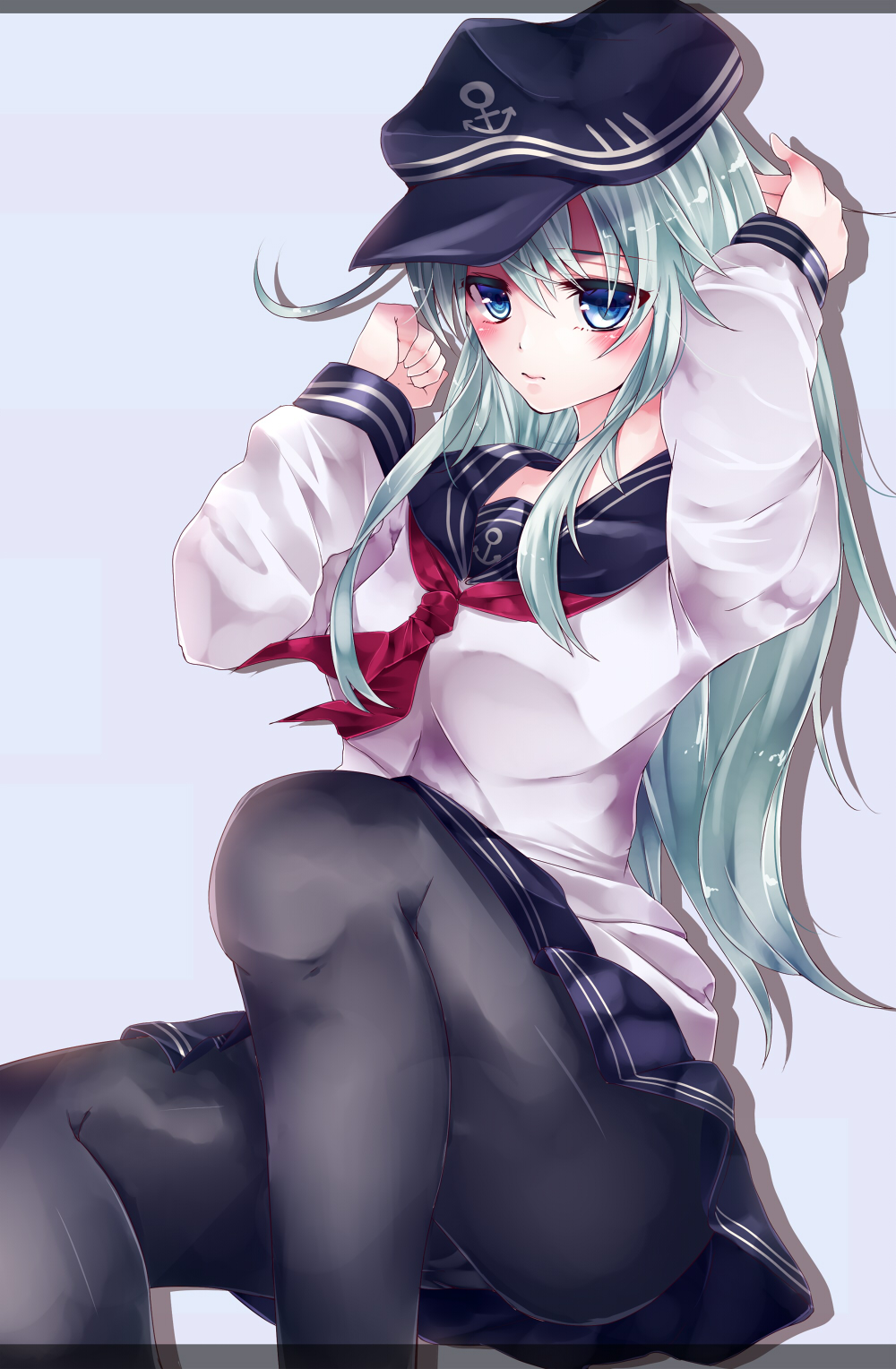 1girl, black_legwear, blue_eyes, breasts, hat, hibiki_(kantai_collection), highres, kantai_collection, lips, long_hair, panties, panties_under_pantyhose, pantyhose, personification, rukito, school_uniform, serafuku, skirt, solo, underwear