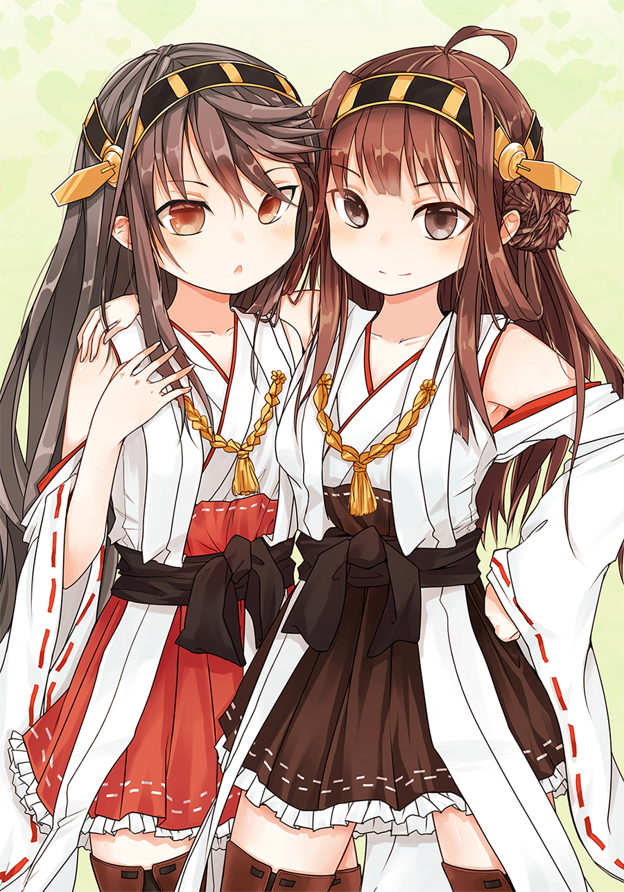 2girls, bare_shoulders, black_hair, blush, breasts, brown_eyes, brown_hair, detached_sleeves