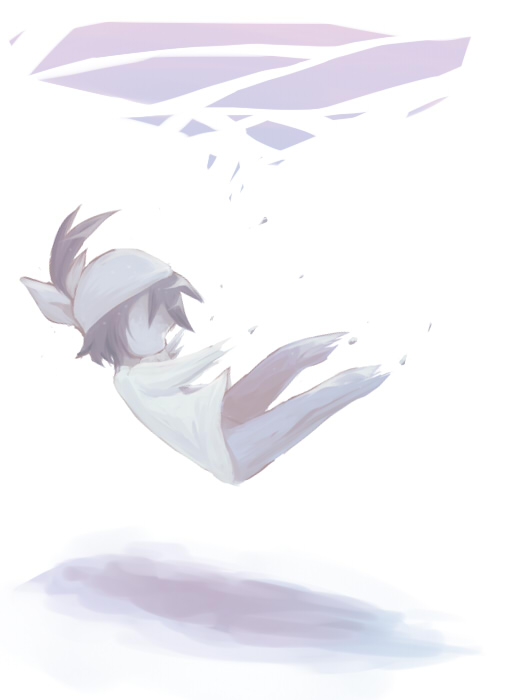 1boy, bandana, brown_hair, debris_(game), dissolving, faceless, falling, kuyako