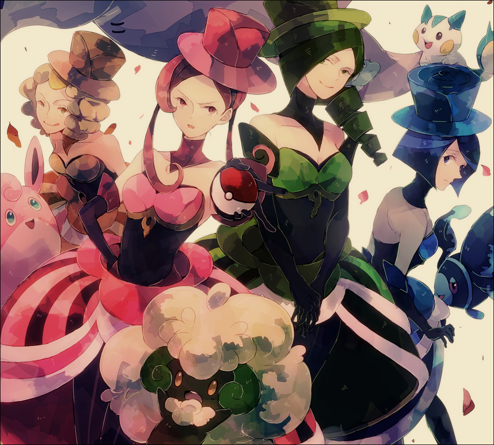 4girls, bare_shoulders, blonde_hair, blue_eyes, blue_hair, dress, drill_hair, elbow_gloves