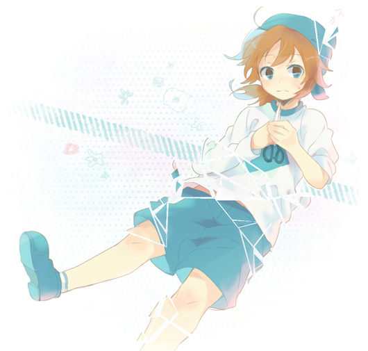1boy, bandana, blue_eyes, brown_hair, debris_(game), dissolving, expressionless, lito_(24281122)