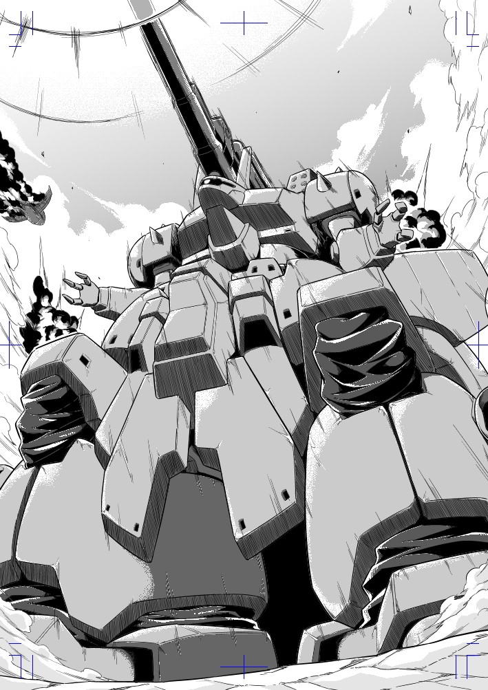 aircraft, cannon, clouds, dust, explosion, fire, from_below, gundam