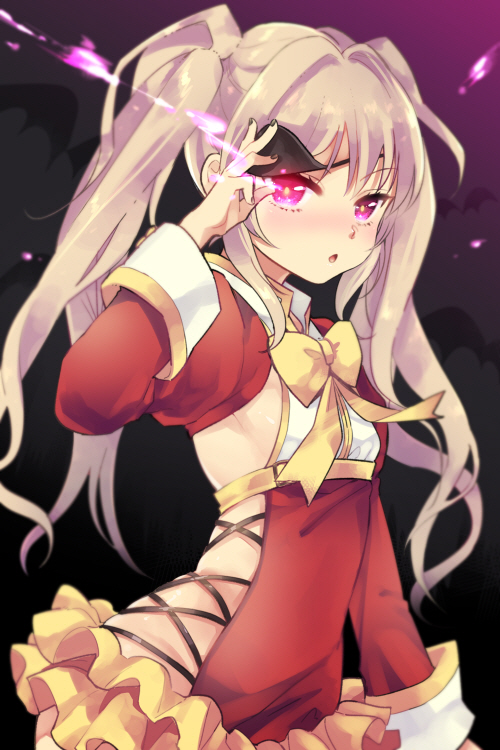 1girl, bat, blonde_hair, blush, crescent_elder_chenin, eyepatch, maki666, makl, open_mouth, red_eyes, ribbon, solo, sword_girls, tagme, twintails