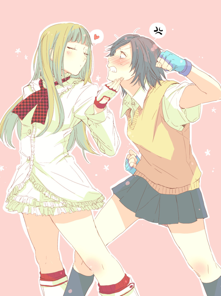 2girls, anger_vein, blonde_hair, blush, boots, brown_hair, closed_eyes, dress, fingerless_gloves, gloves, hand_on_another's_chin, heart, highres, incipient_kiss, incoming_punch, kazama_asuka, lili_(tekken), long_hair, multiple_girls, ousawa_yayoi, pleated_skirt, school_uniform, short_hair, skirt, socks, spoken_anger_vein, spoken_heart, sweater_vest, tekken, tsundere, white_dress, yuri