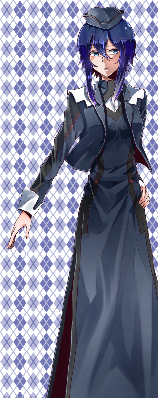 1girl, blue_eyes, blue_hair, dress, hand_on_hip, hat, highres, log_horizon