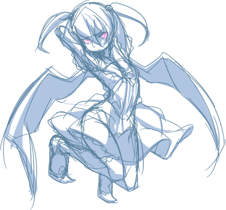 1girl, arms_behind_head, bat_wings, full_body, looking_away, lowres, messier_number, monochrome