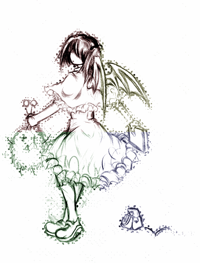 1girl, bat_wings, boots, capelet, dress, faceless, frills, full_body