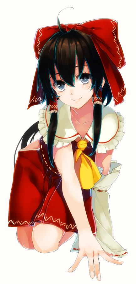 1girl, all_fours, ascot, blush, bow, brown_eyes, brown_hair, collarbone