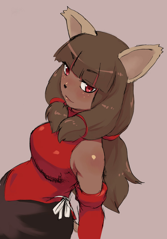 1girl, animal_ears, breasts, brown_hair, cat_ears, dark_skin, detached_sleeves, ecaflip