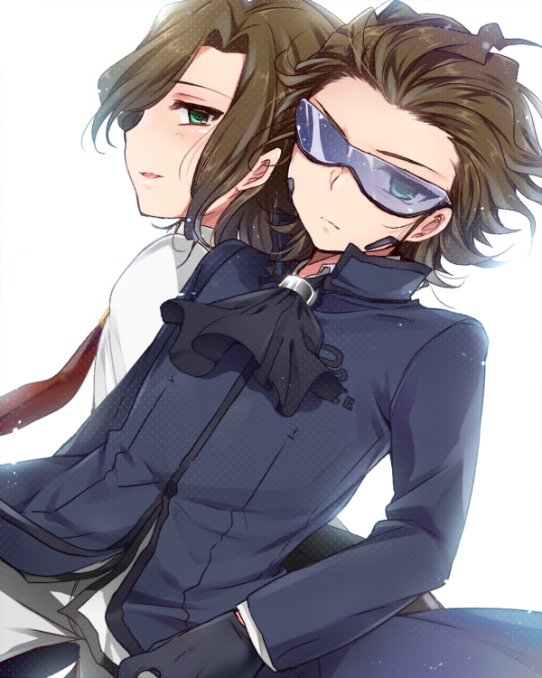 2boys, ascot, brown_hair, coat, dual_persona, gloves, green_eyes, gundam