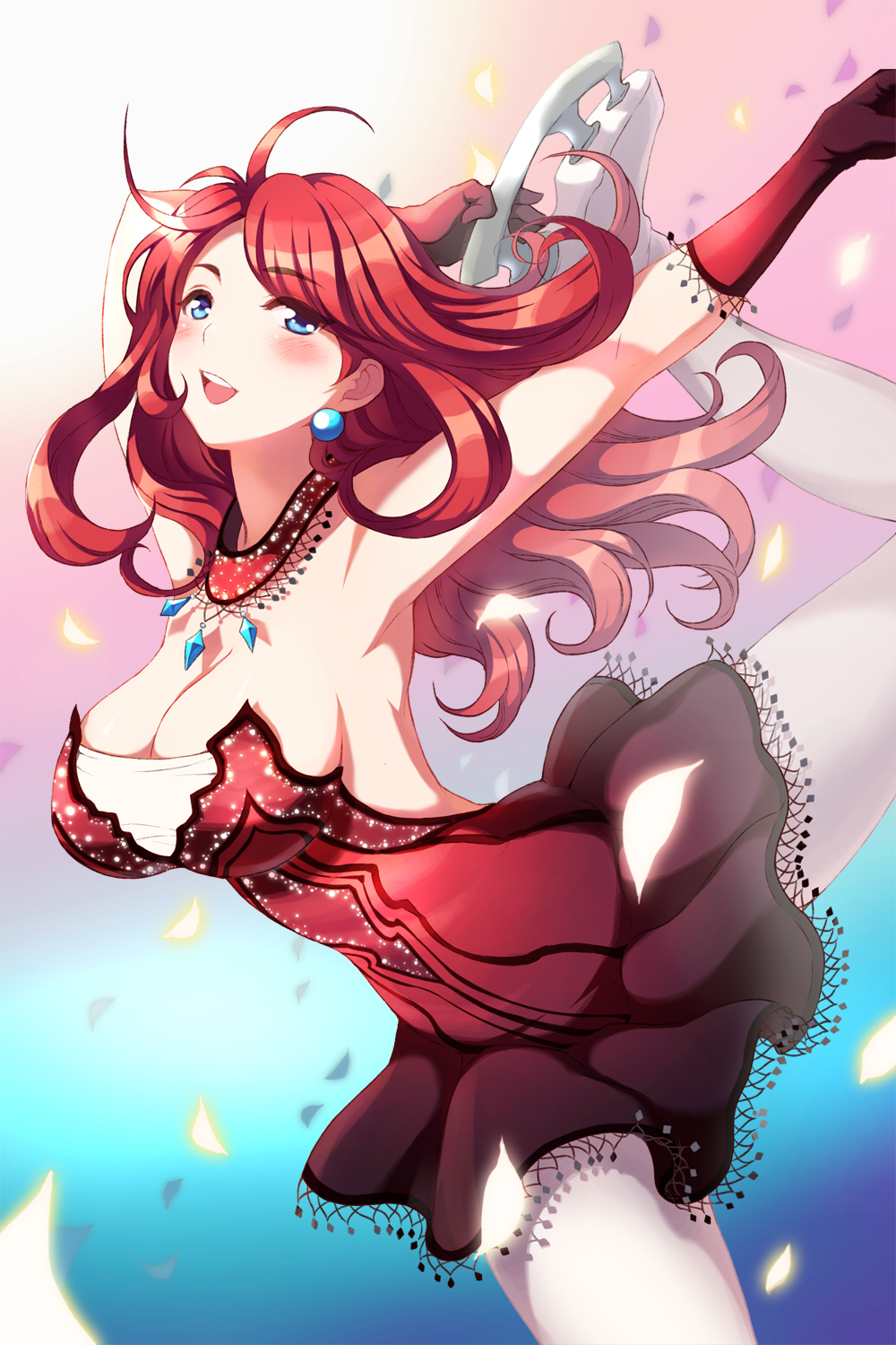 1girl, blue_eyes, blush, breasts, cleavage, earrings, figure_skating, frills