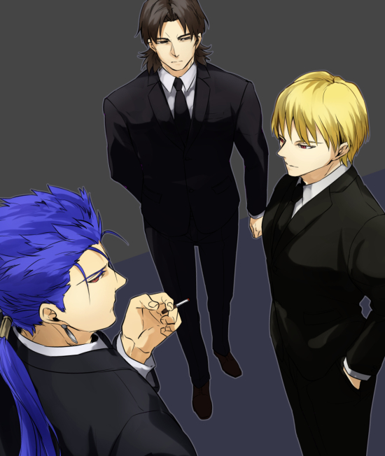 3boys, blonde_hair, blue_hair, brown_hair, cigarette, fate/stay_night, fate_(series), formal