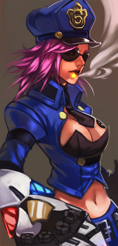 1girl, alternate_costume, breasts, cleavage, cleavage_cutout, darkeagle_an, gauntlets, grey_background