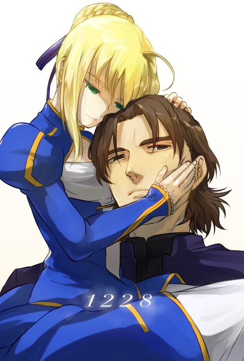 1boy, 1girl, ahoge, blonde_hair, brown_hair, fate/stay_night, fate_(series), green_eyes