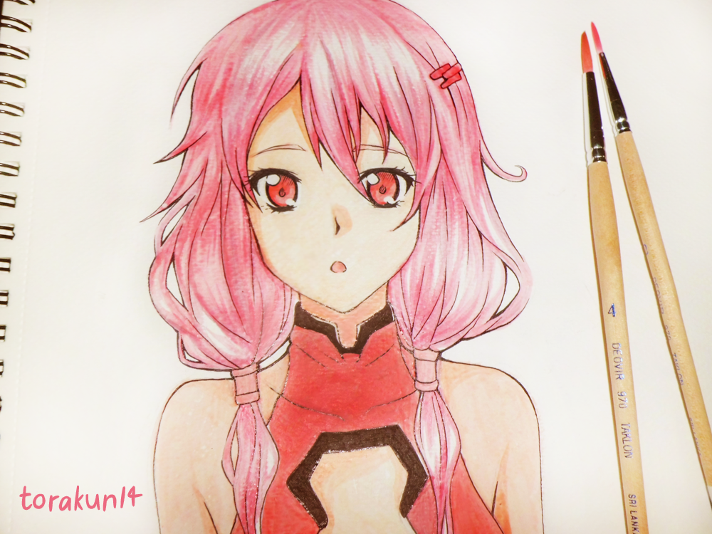 1girl, bare_shoulders, brush, brush_(medium), center_opening, guilty_crown, hair_ornament, hairclip