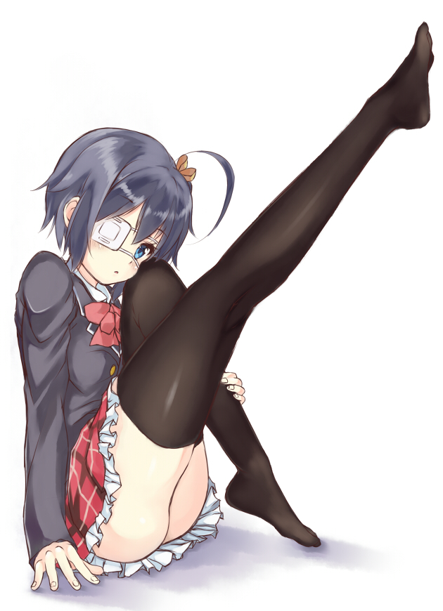 1girl, ahoge, black_hair, black_legwear, blazer, blue_eyes, blush, chuunibyou_demo_koi_ga_shitai!, eyepatch, hair_ribbon, kyuuma_(shimashima521), looking_at_viewer, plaid, plaid_skirt, ribbon, school_uniform, short_hair, side_ponytail, skirt, solo, takanashi_rikka, thighhighs