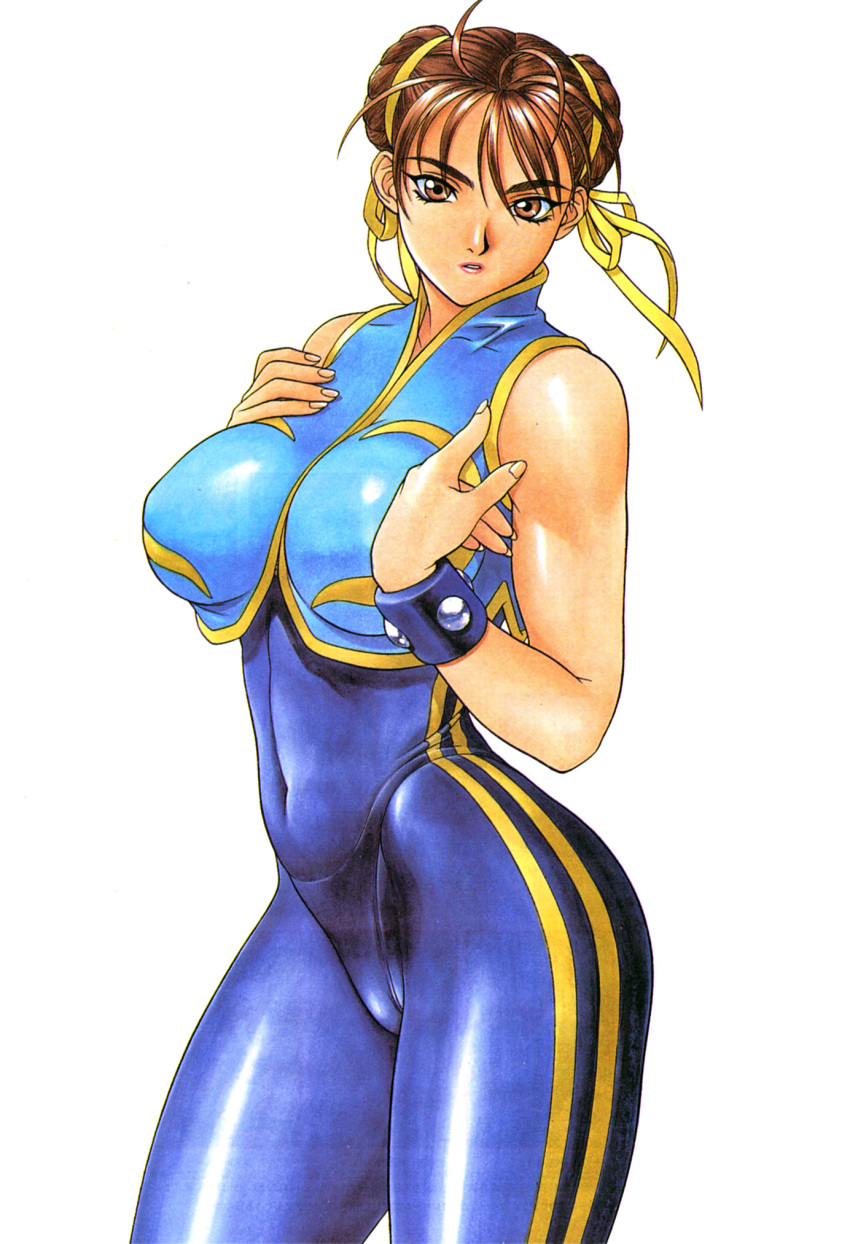 1girl, breasts, chun-li, double_vertical_stripe, highres, inoue_takuya, large_breasts, lips