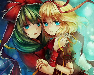2girls, blonde_hair, blue_eyes, blush, bow, green_hair, hair_ribbon, hug