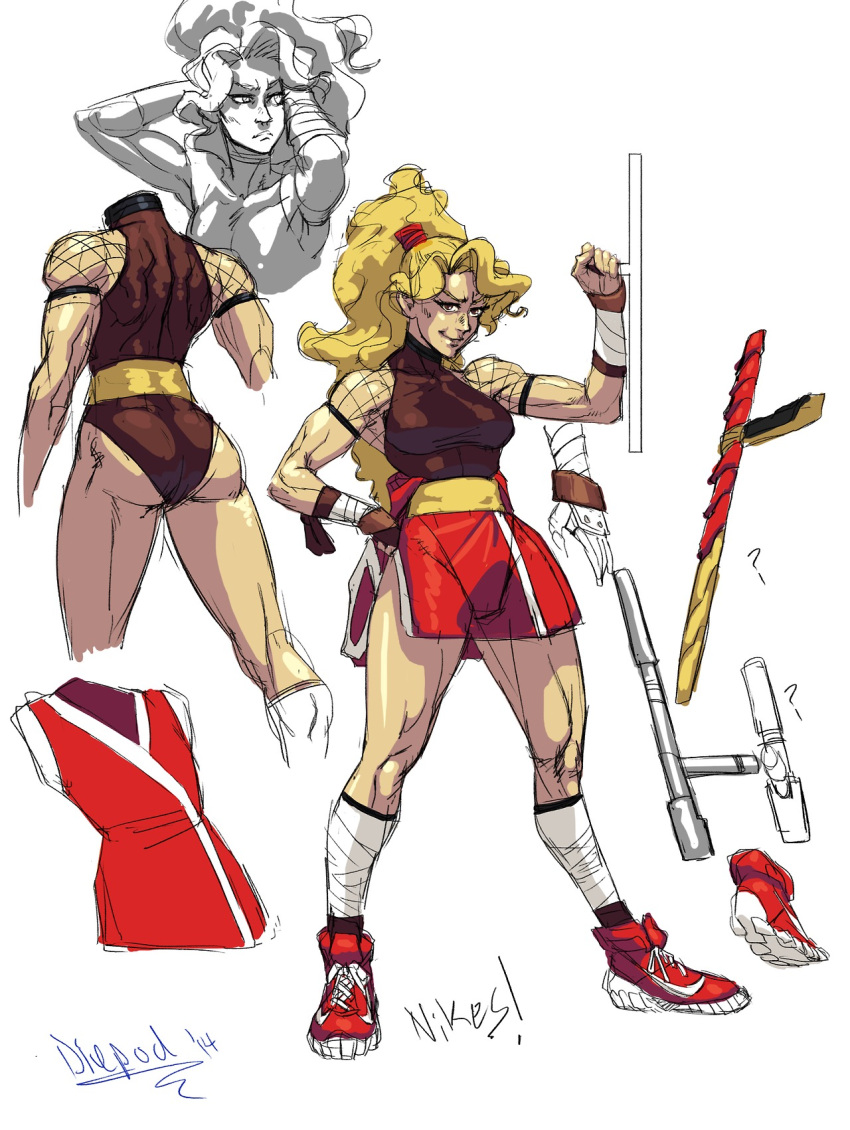 1girl, blonde_hair, collage, diepod, final_fight, fishnets, genryuusai_maki, hand_on_hip