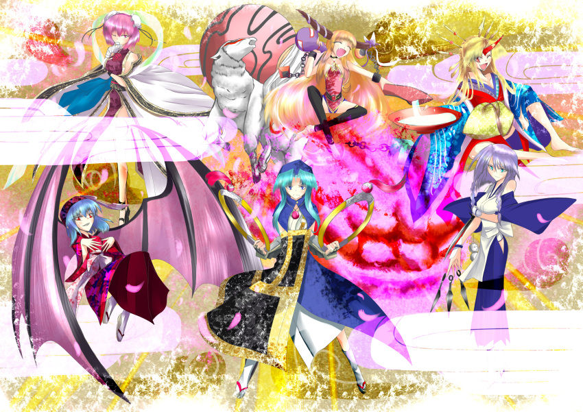 6+girls, absurdres, alcohol, alternate_costume, aqua_eyes, bat_wings, blonde_hair, blue_eyes