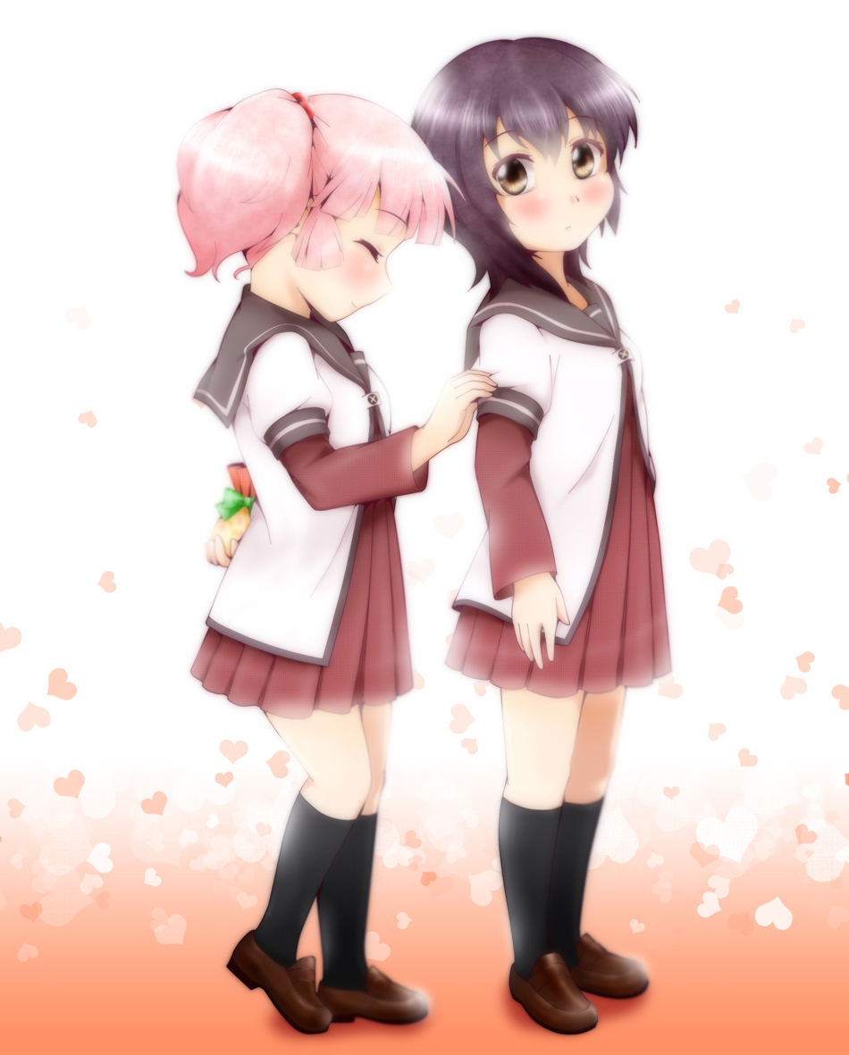 2girls, backlighting, black_hair, brown_eyes, closed_eyes, funami_yui, hair_bobbles, hair_ornament