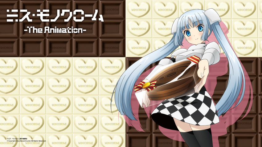 1girl, background, black_legwear, blue_eyes, blush, box, checkered, checkered_skirt