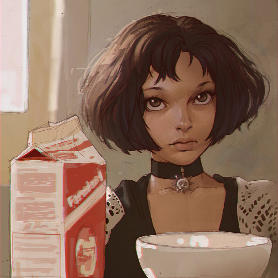 1girl, black_hair, bowl, brown_eyes, choker, ilya_kuvshinov, leon_the_professional, lips
