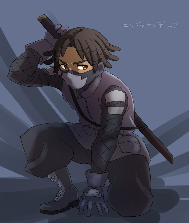 1boy, @@@, black_hair, boots, brown_eyes, dark_skin, face_mask, fishnets