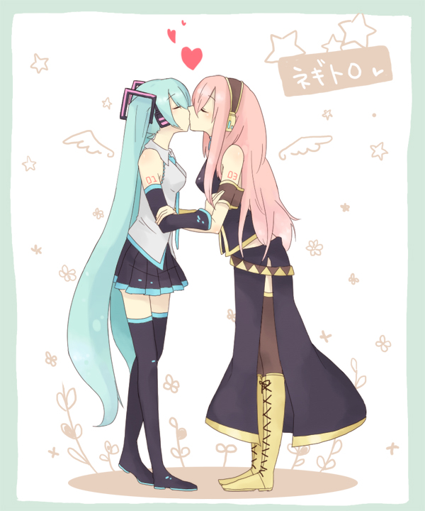 2girls, aqua_hair, boots, closed_eyes, detached_sleeves, hatsune_miku, kiss, koma_(remi_398)
