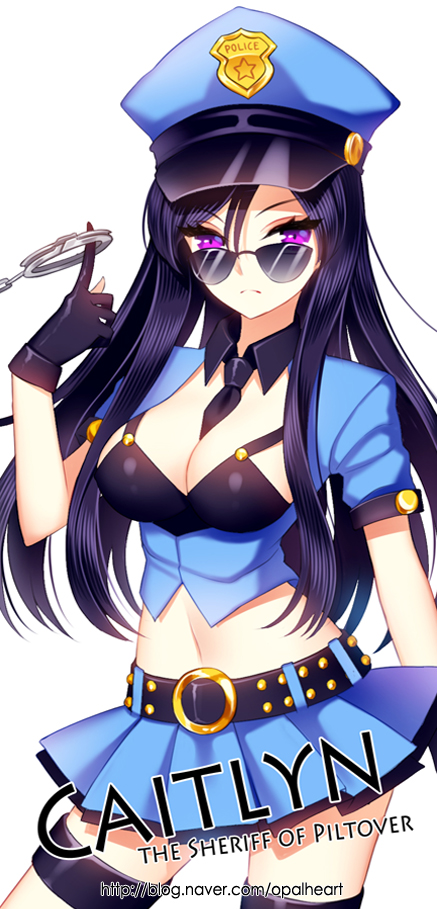 1girl, belt, between_breasts, black_hair, breasts, caitlyn_(league_of_legends), character_name, cleavage, cuffs, english, handcuffs, hat, league_of_legends, long_hair, midriff, navel, necktie, opalheart, pink_eyes, police, police_hat, police_uniform, simple_background, skirt, solo, sunglasses, uniform, watermark, web_address, white_background
