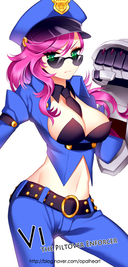 1girl, alternate_costume, belt, between_breasts, breasts, character_name, cleavage, english