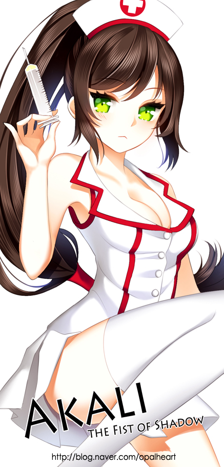 1girl, akali, blush, brown_hair, english, frown, green_eyes, hat