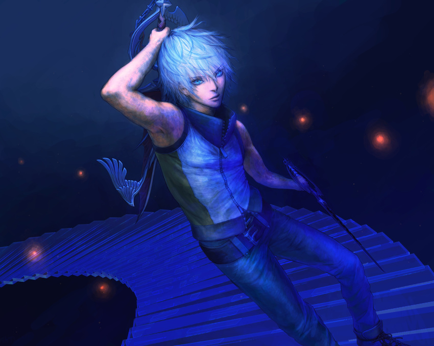 1boy, absurdres, alternate_hairstyle, belt, green_eyes, highres, keyblade, kingdom_hearts