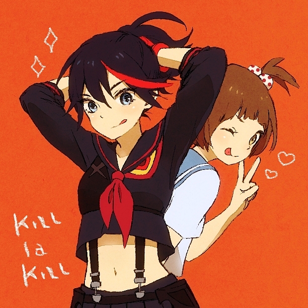 2girls, alternate_hairstyle, arms_up, hairdressing, high_ponytail, kill_la_kill, mankanshoku_mako, matoi_ryuuko