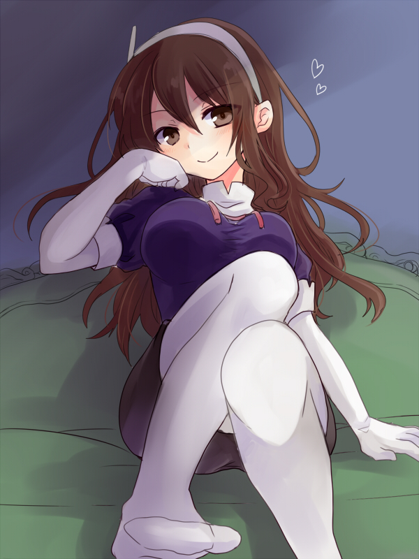 1girl, ashigara_(kantai_collection), blush, breasts, brown_eyes, brown_hair, couch, elbow_gloves