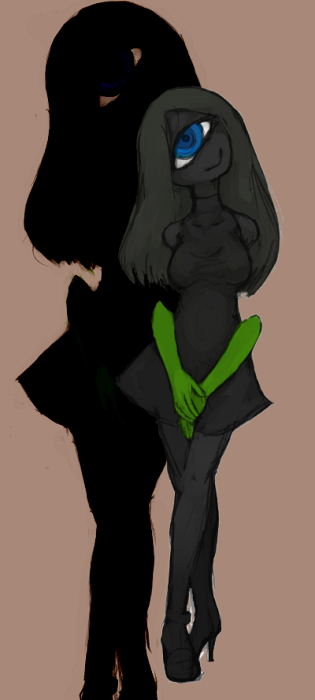 1girl, breasts, cyclops, dress, dressing_roon_maid_(yume_nikki), full_body, head_tilt, high_heels