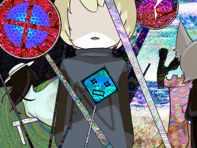 1boy, 2girls, blonde_hair, clock, colorful, faceless, multiple_girls, nichiyo-san