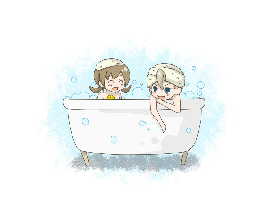 1boy, 1girl, bath, bathtub, blue_eyes, brown_hair, bubble, bubble_bath